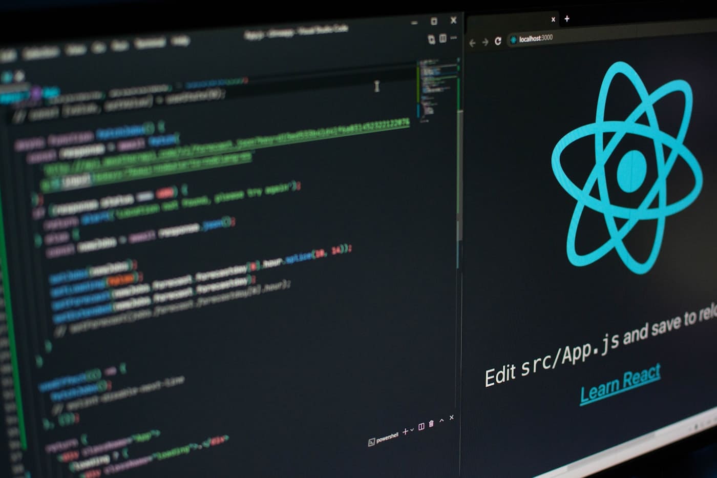Next.js and React logos on a developer screen