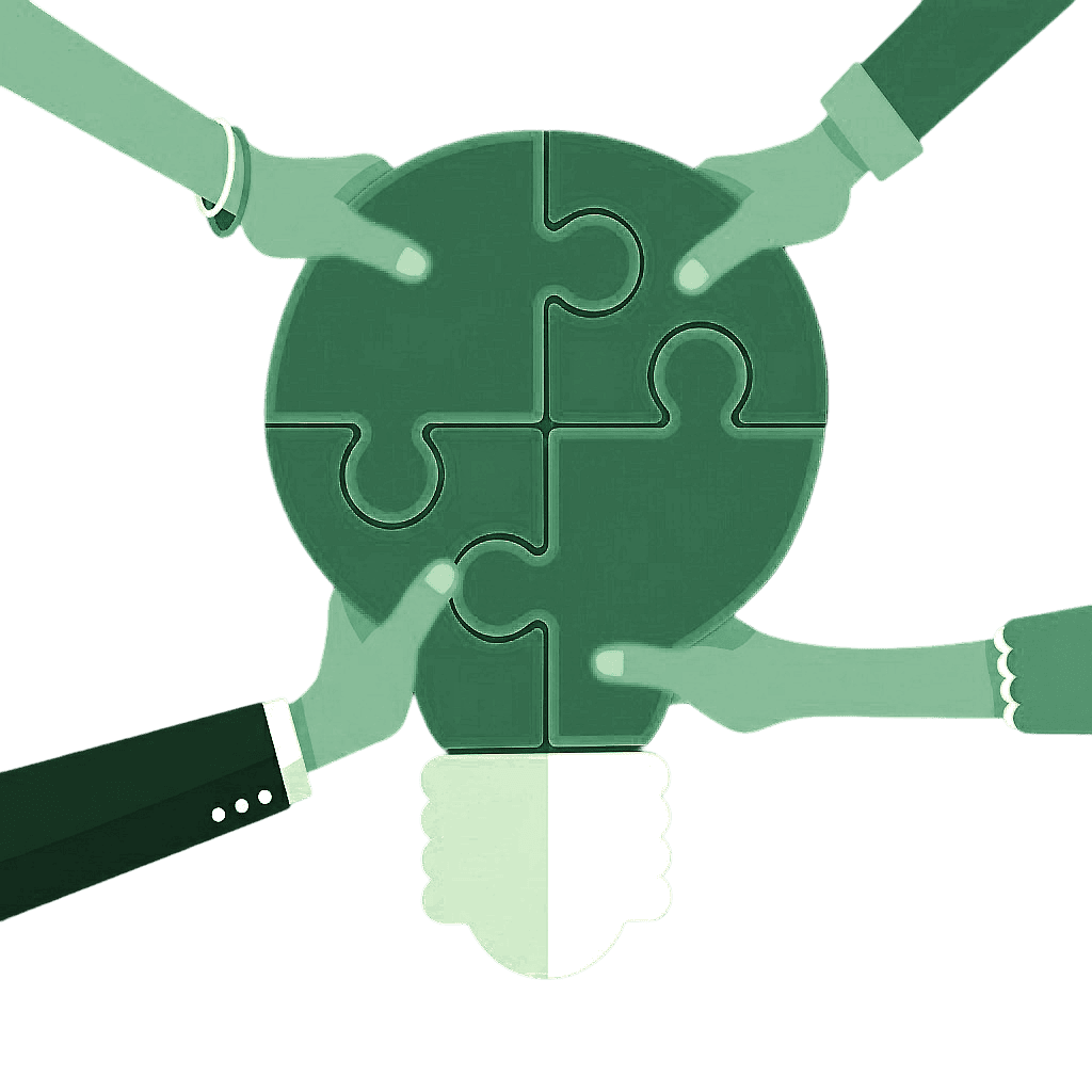 Puzzle lightbulb assembled by four hands, ideas built together